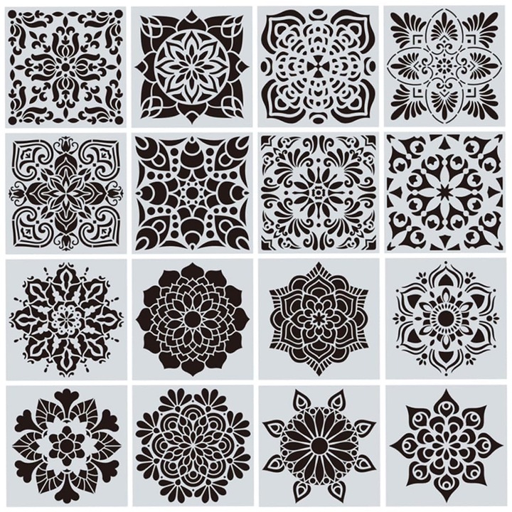 Set 16 Sablon Mandala Flower, AllizBan, Refolosibil, 15x15cm - S002