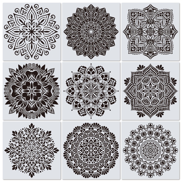 Set 9 Sablon Mandala Flower, AllizBan, Refolosibil, 30.5x30.5cm - S002