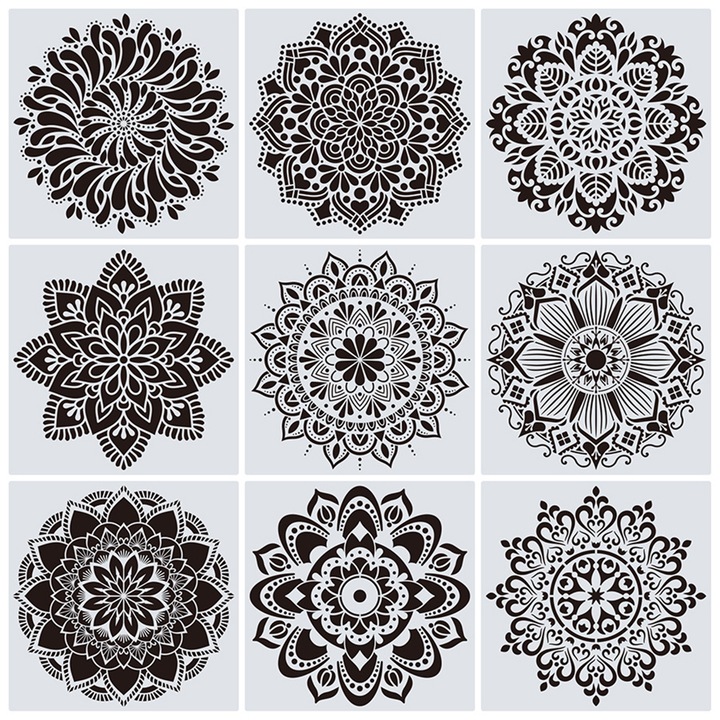 Set 9 Sablon Mandala Flower, AllizBan, Refolosibil, 30.5x30.5cm - S001