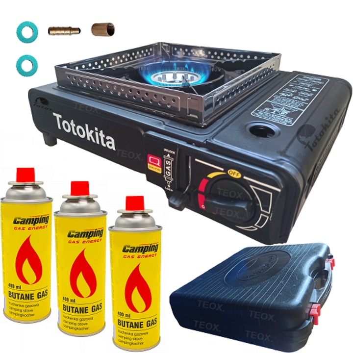 Aragaz Camping Portabil, dubla, Alimentare, Aprindere Automata +Protectie antivant + 3 Rezerve gaz 227g Totokita®