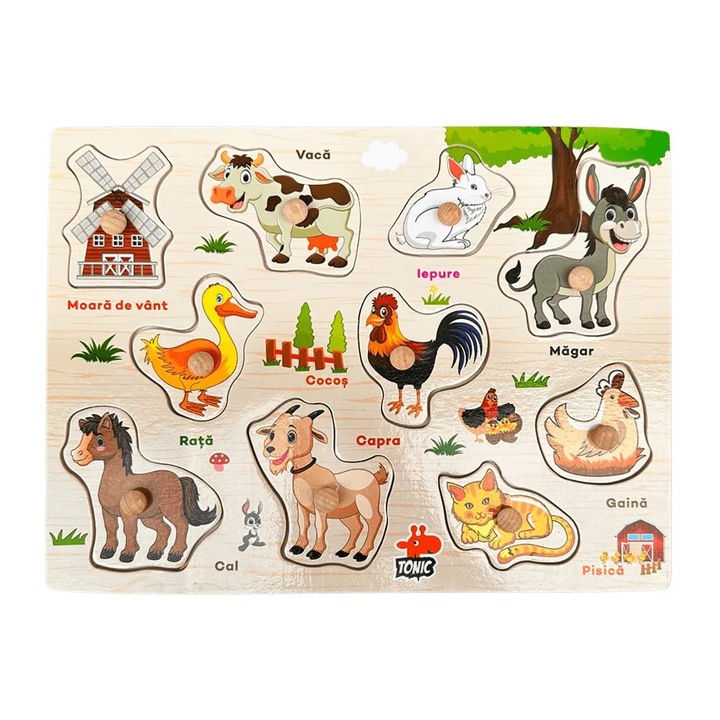 Fából készült kirakós román nyelven - Háziállatok, 9 db