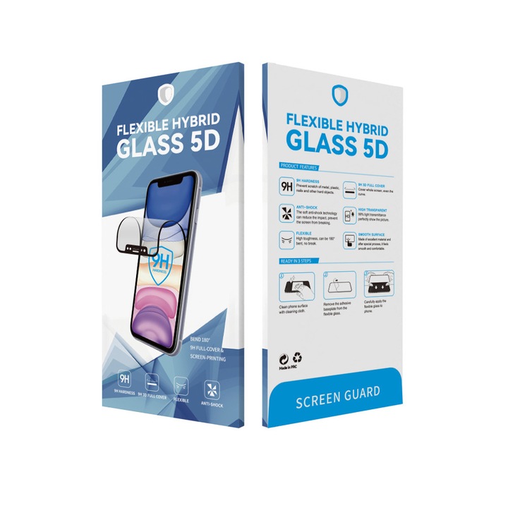 iPhone 12 / 12 Pro kompatibilis üvegfólia, flexibilis, hibrid, edzett, full glue, 5D, fekete keretes