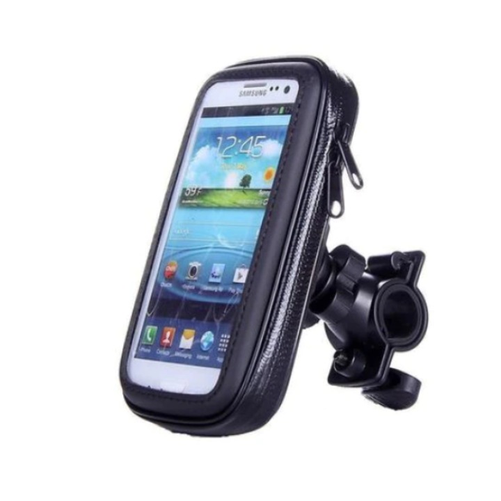 Univerzális kerékpártartó vízálló burkolattal és 360 fokos elforgatással, kompatibilis akár 5,6 hüvelykes telefonokkal, fekete szín