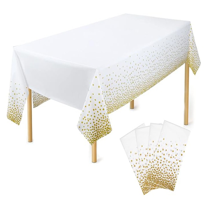 Комплект от 4 правоъгълни покривки, Zggzerg, водоустойчиви, против петна, за партита, сватби, кръщенета, декорации, 274x137 см, бяло / златисто