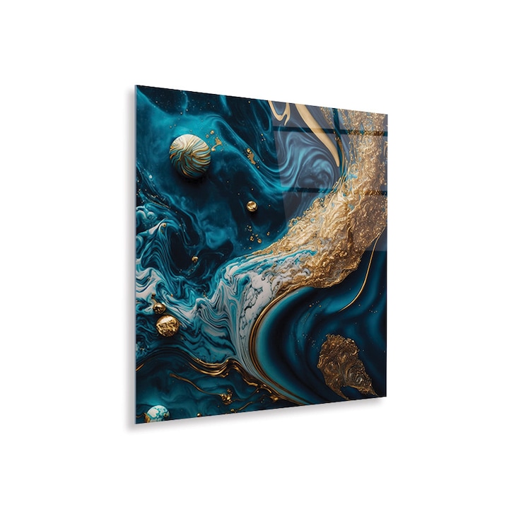 Tablou Sticla Acrilica Plexiglas, Blue and Gold Abstract Fluid Epoxy Drops, 50x60 cm