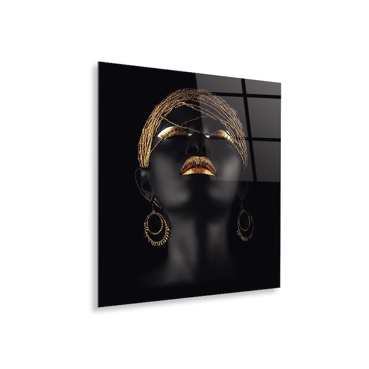Tablou Sticla Acrilica Plexiglas, Black and Gold Woman's Face, 50x60 cm