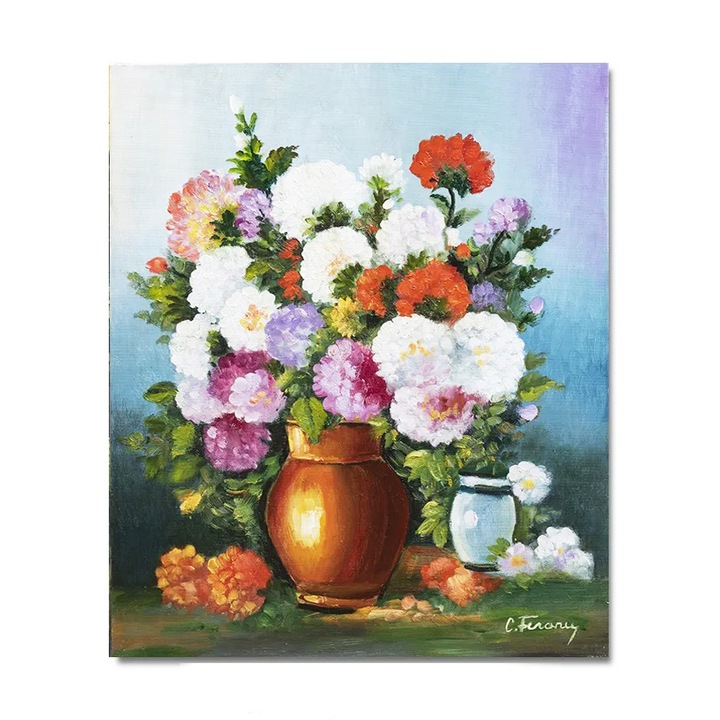 Tablou pictat manual living, dormitor, hol, Vaza cu crizanteme, 60x50cm ulei pe panza, gata de agatat pe perete