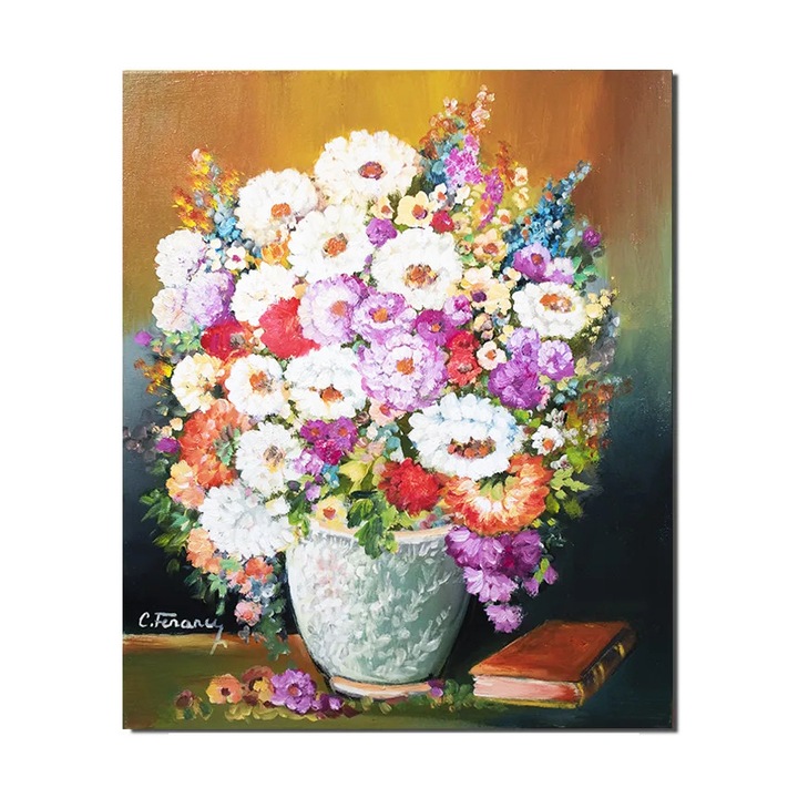 Tablou pictat manual living, dormitor, hol, Vaza cu crizanteme si carte, 60x50cm ulei pe panza, gata de agatat pe perete