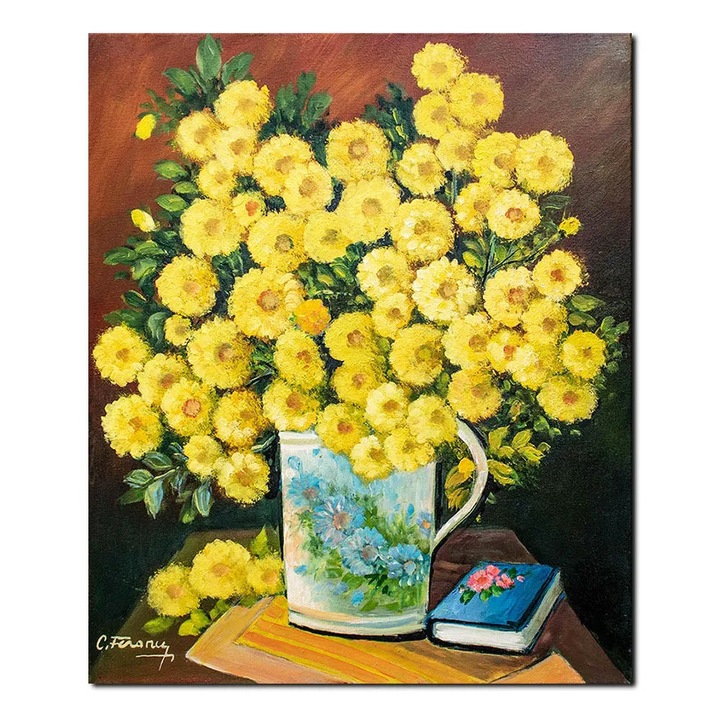 Tablou pictat manual living, dormitor, hol, Vaza cu galbenele, 60x50cm ulei pe panza, gata de agatat pe perete