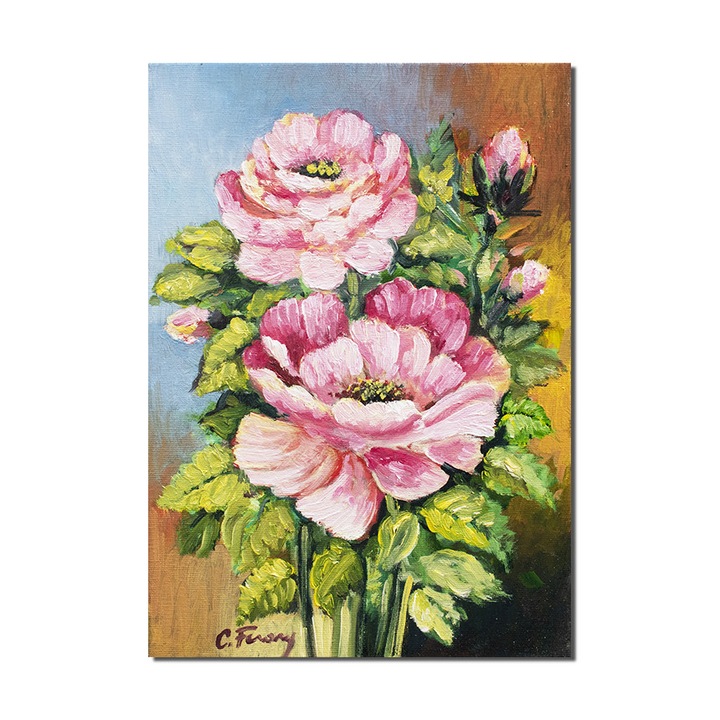 Tablou pictat manual living, hol, dormitor, Ale mele flori frumoase, 35x25cm ulei pe panza, gata de agatat pe perete