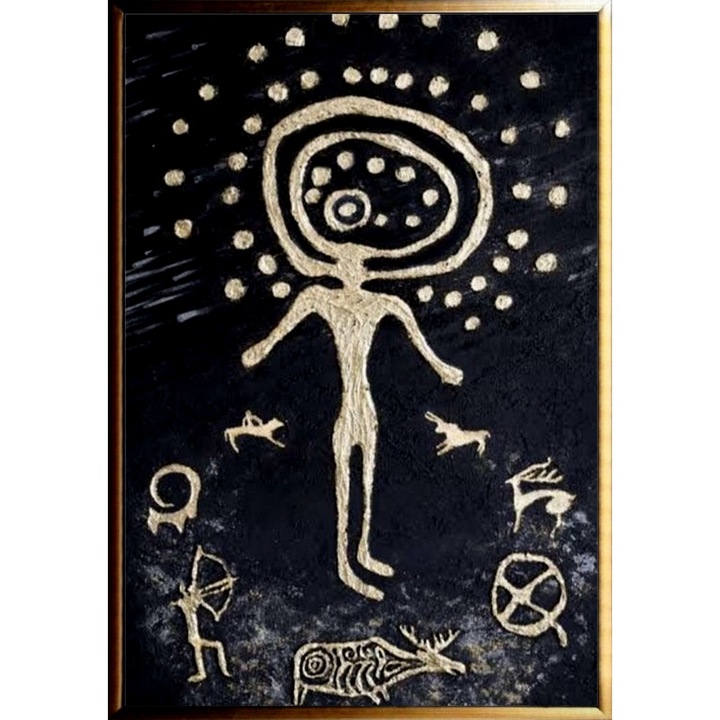 Tablou pictat manual ulei pe panza, Picturi din pestera, 70x50cm, Alb, Negru, Pictura abstracta pentru living sau birou