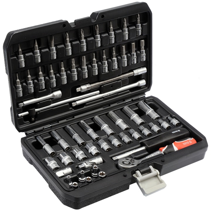 Set de chei tubulare Yato, 56 piese, set de scule profesionale Yato, chei tubulare si capete tubulare, din otel crom-vanadiu, 56 piese, capete tubulare cu sistem AS-Drive, in cutie, YT-14501