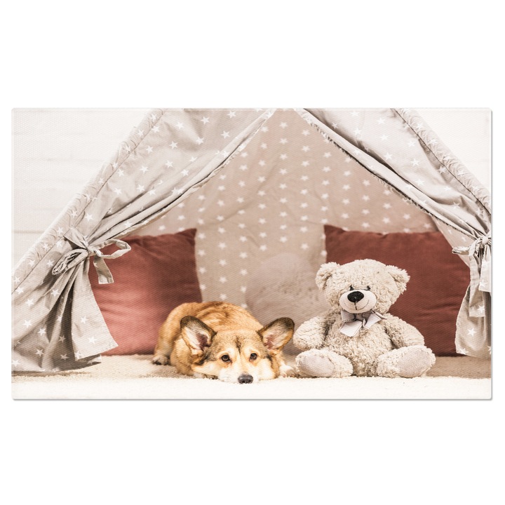Картина на платно Corgi Welsh Pembroke Leging in Wigwam With Adorable Toy, Corgi, wigwam, играчка, релаксация 100x70CM