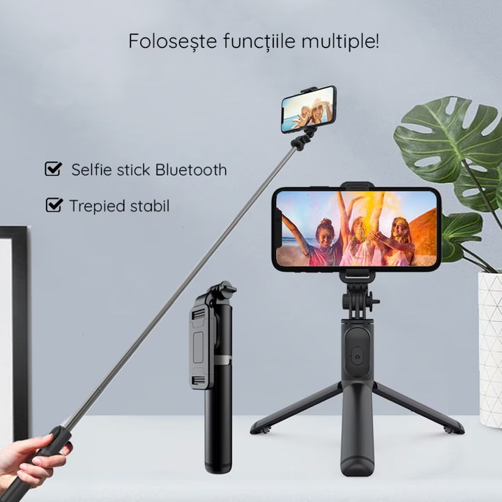 Szelfibot 3 az 1-ben, WaltStore, Bluetooth, levehető távirányító, teleszkópos, 70 cm, állvány, telefontartó, fekete