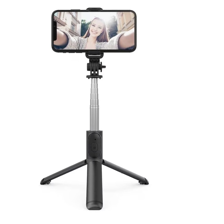 Selfie Stick 3 az 1-ben, WaltStore®, Bluetooth, levehető távirányító, Teleszkópos, 100 cm, Állvány, Telefontartó, Fekete