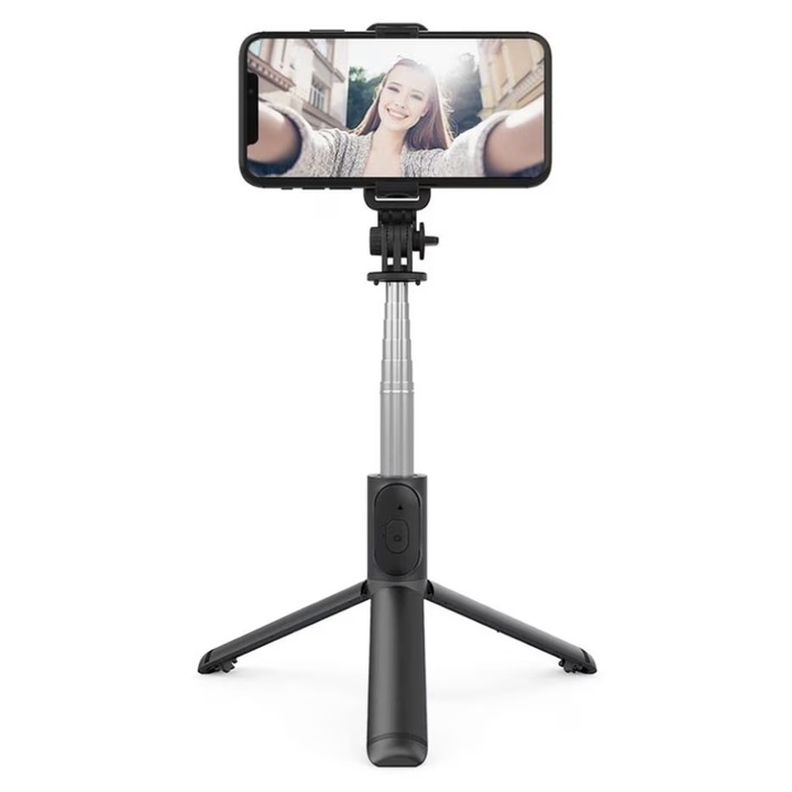 Selfie Stick 3 in 1, WaltStore®, Bluetooth, telecomanda detasabila, Telescopic, 70 cm, Trepied, Suport pentru telefon, Negru