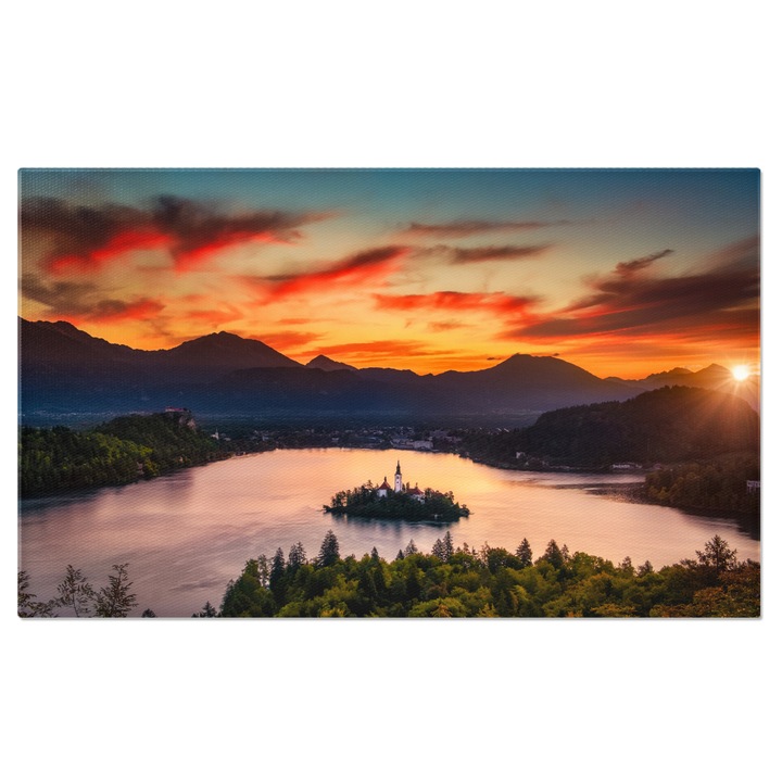 Картина на платно Цветен пейзаж при изгрев на езерото Блед Пейзаж, езеро Блед, Европа, природа, замък 40x25CM