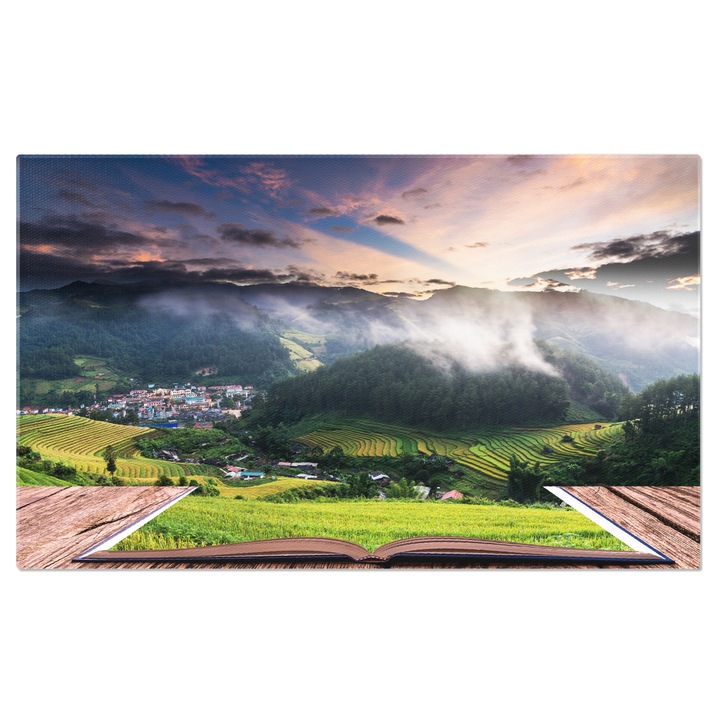 Tablou Canvas Imagine Conceptuala cu Campuri de Orez pe Terase Deschis, Carti, Weekend, Biblie, Apus 90x60CM