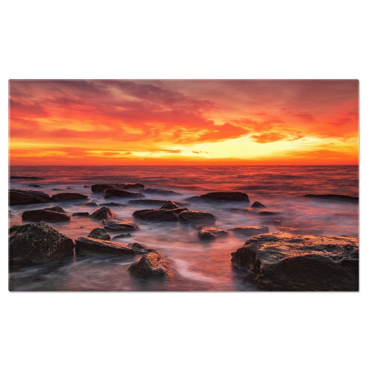Tablou Canvas Rasarit cu Foc Plaja, Culoare, Nori, Ocean, Peisaj Impresionant. 90x60CM