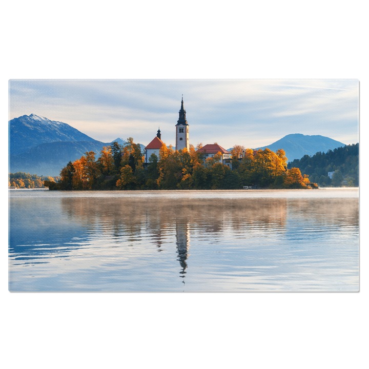 Картина на платно Езеро Блед в Словения, Църква на остров, Планина, Есен, Европа, Природа, Алпи, Хълм, Вода, Пейзаж 100x70CM