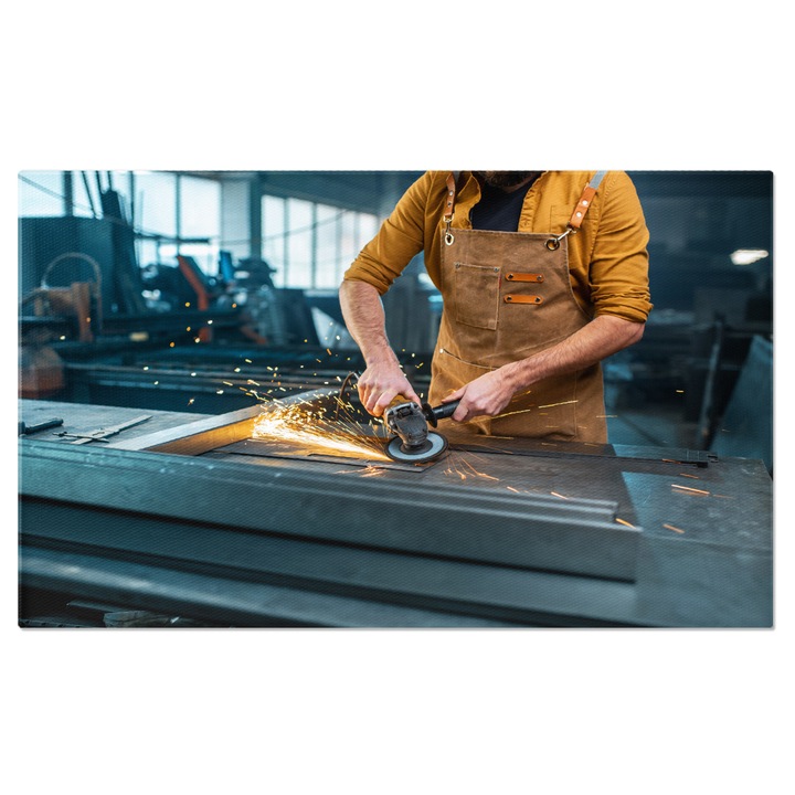 Картина върху платно Работник в металургичната промишленост Шлайфане, Шлифовъчни машини, Метал, Индустриална, Функция, Престилка 40x25CM
