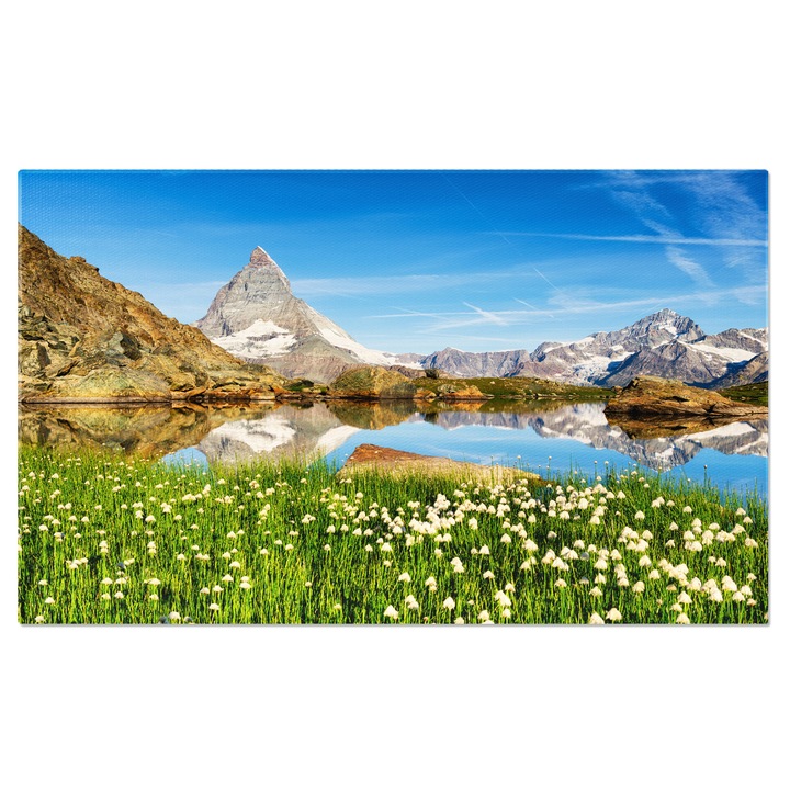Tablou Canvas Matterhorn si Reflectie pe Suprafata Apei, munte, Elvetia, Matterhorn, lac, reflectie, iarba, peisaj, Alpii elvetieni, stanca, calatorie, Zermatt, panorama, turism, vacanta, Europa. 120x80CM