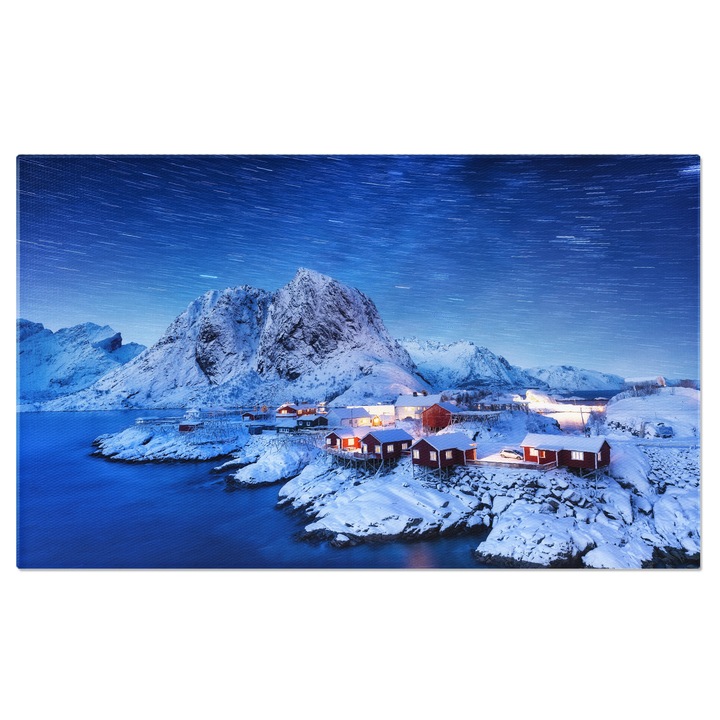 Tablou Canvas Calea Lactee si Urme de Stele deasupra Casei in Tundra Noapte, Spatiu, Peisaj, Lofoten, Norvegia 90x60CM