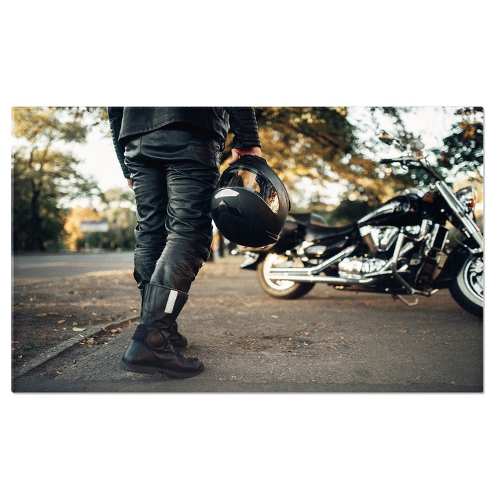 Tablou Canvas Motociclist cu Casca in Mana, Chopper, Calatorie, Viteza, Sport, Transport 40x25CM