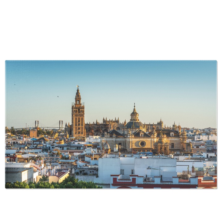 Tablou Canvas Catedrala din Sevilla, Andaluzia, Spania, vedere aeriana, atractie, pod, cladire, casco antiguo, catedrala, centenario, ora, destinatie, biserica. 100x70CM
