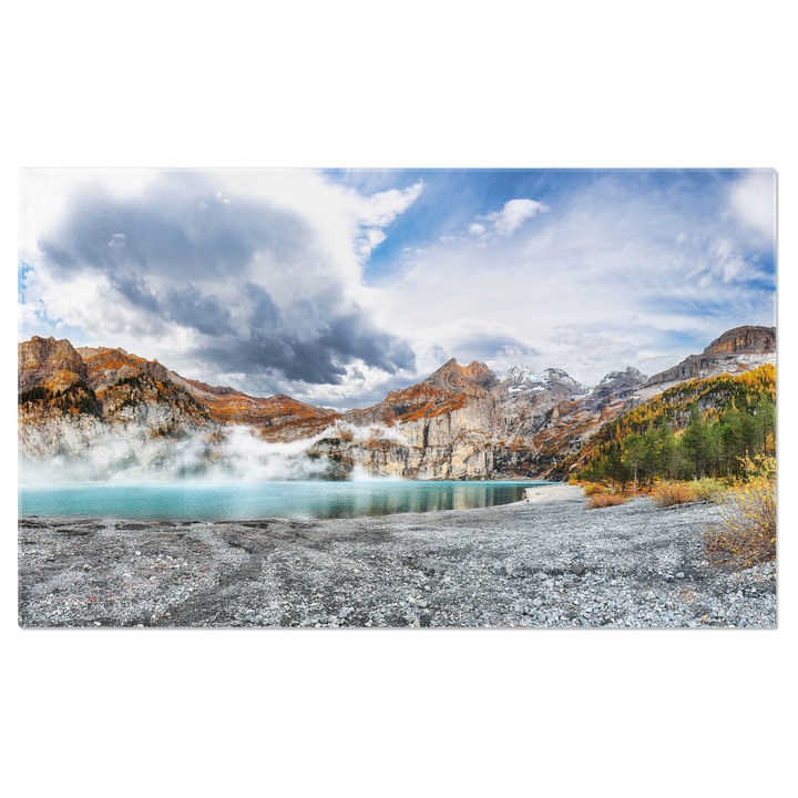 Tablou Canvas Peisaj Spectaculos al Lacului Oeschinense in Toamna: Elvetia, Peisaj, Lac, Toamna, Munti. 40x25CM