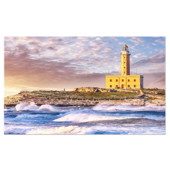 Картина на платно Изглед към фара Viestei, издигащ се на брега, Италия, лято, пейзаж, архитектура, туризъм. 140х90СМ