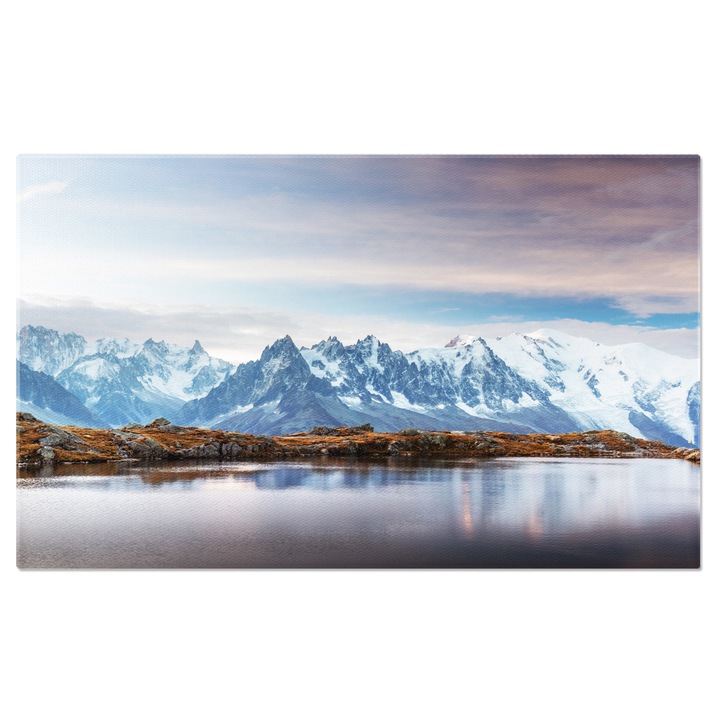 Картина на платно Слънчев ден на езерото Блан във френските Алпи, Монблан, Шамони, езеро, Алпи. 140х90СМ