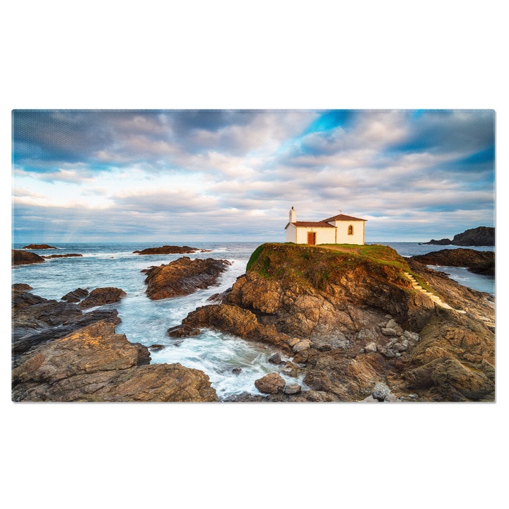 Картина на платно Ermita da Virxe do Porto върху малка скала, Ла Коруня, Испания, морски пейзаж, отшелничество, скала 40x25CM