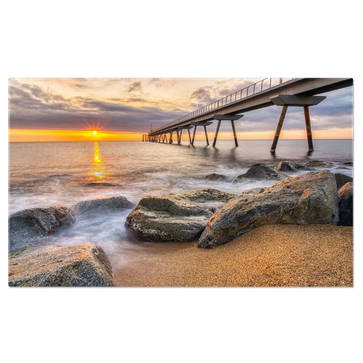 Картина на платно Badalona морски понтон при изгрев, морски пейзаж, град, Испания 100x70CM