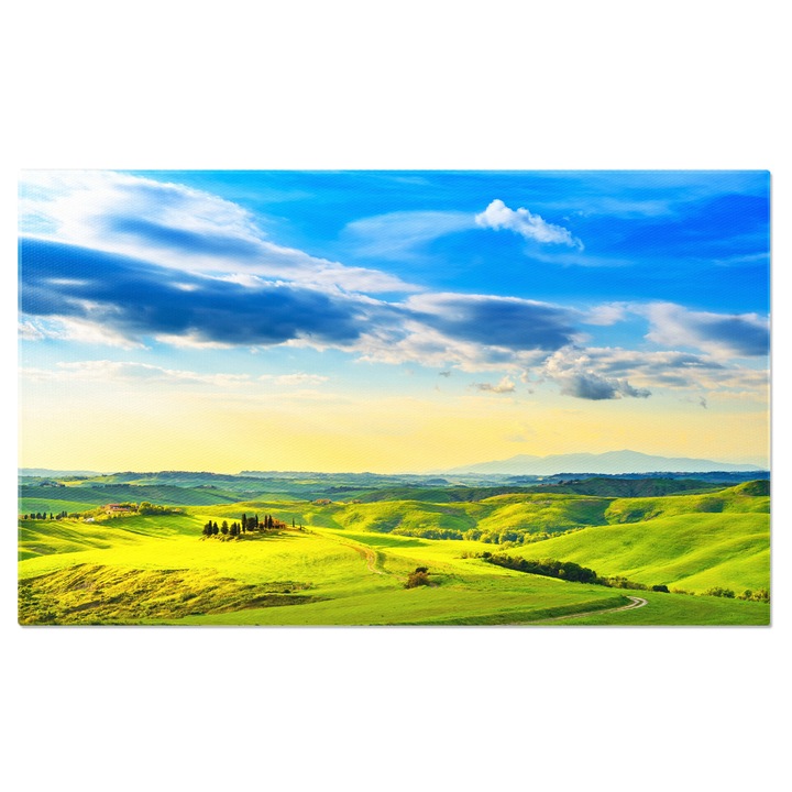 Tablou Canvas Apus in Peisajul Rural din Toscana, Italia, casa, deal, verde, peisaj 140x90CM