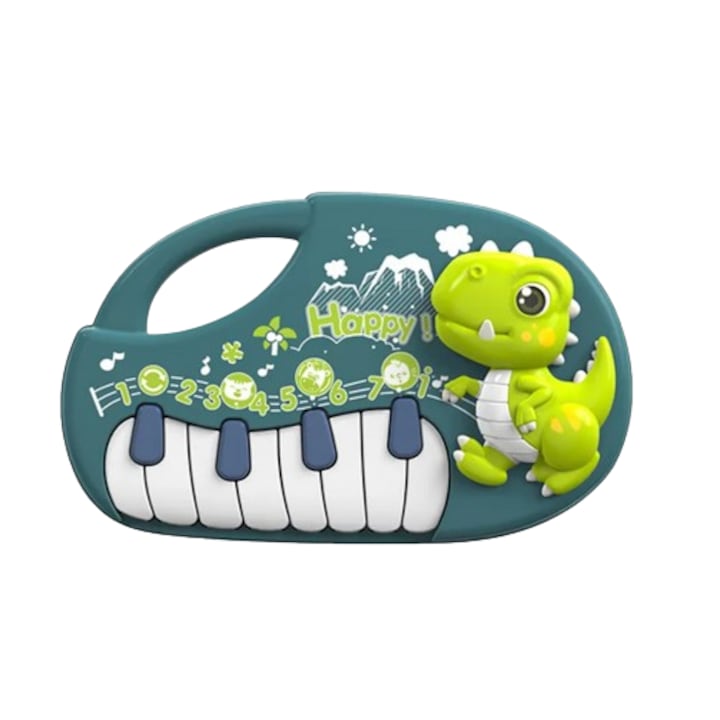 Pian de jucarie pentru copii, dinozaur cu lumini, melodii interactive, 8 clape, culoare verde, +1 an