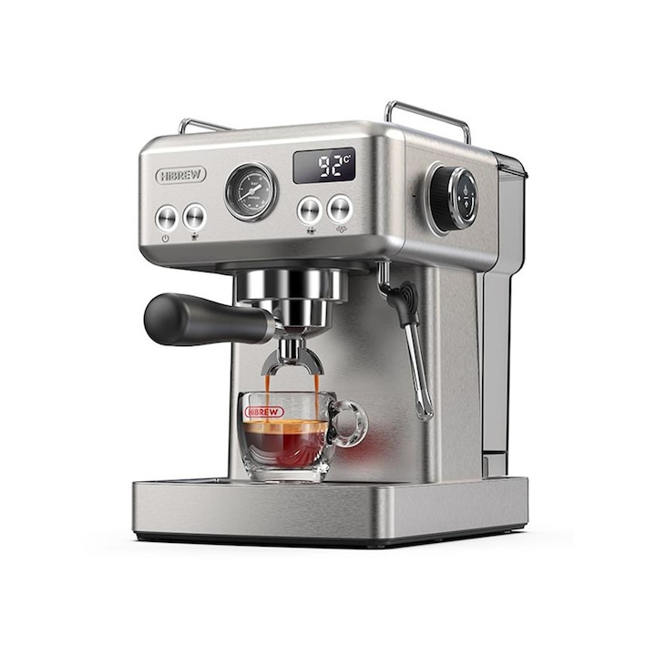 Автоматична еспресо машина HiBREW H10A, Регулируема температура 58 мм, 1350 W, 20 бара, 1.8 л, сребриста