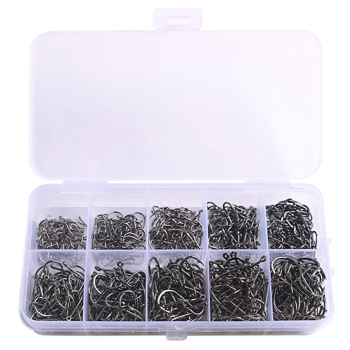 Set 600 Carlige Pescuit din Otel cu Continut Ridicat de Carbon, Minetgnon®, 10 marimi (3#-12#), portabila, Negru