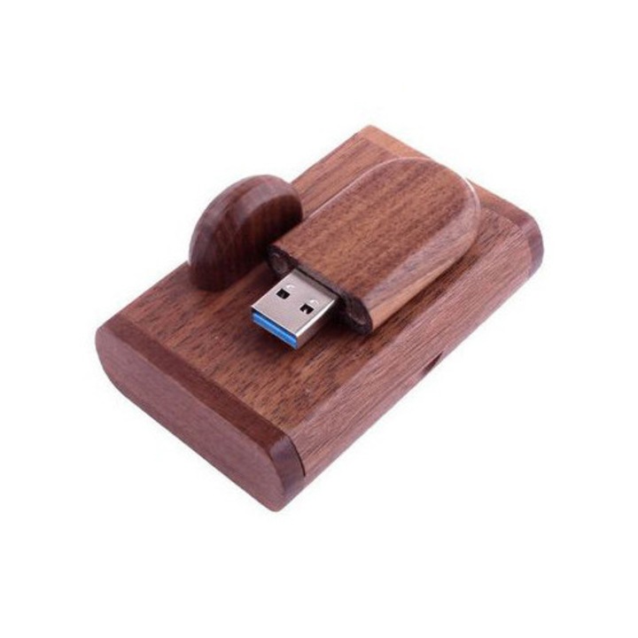 Memorie Usb 64GB, USB 3.0 cutie si stick lemn model oval maro
