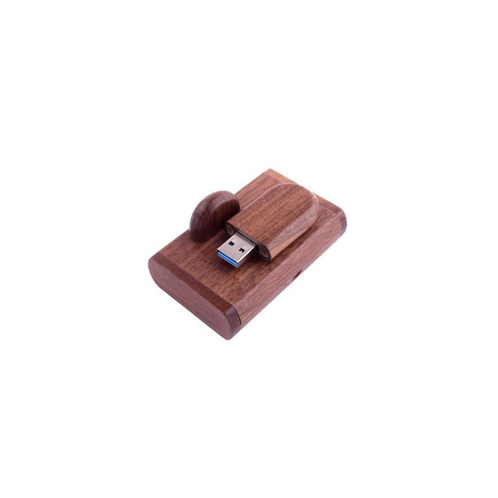 Memorie Usb 64GB, USB 3.0 cutie si stick lemn model oval maro