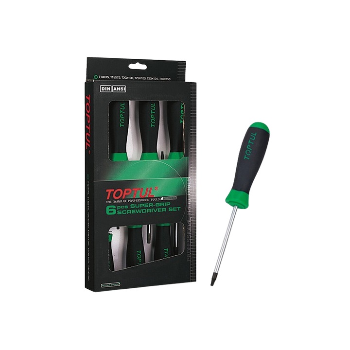 6 darabos Toptul torx csavarhúzó készlet, méretek: T10x75, T15x75, T20x100, T25x100, T30x125, T40x150 mm, csúszásmentes fogantyúkkal