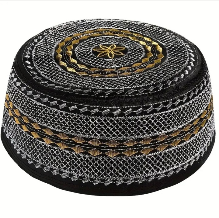 Palarie model islamic, barbati, negru, alb, auriu, rotunda, 54-57 cm