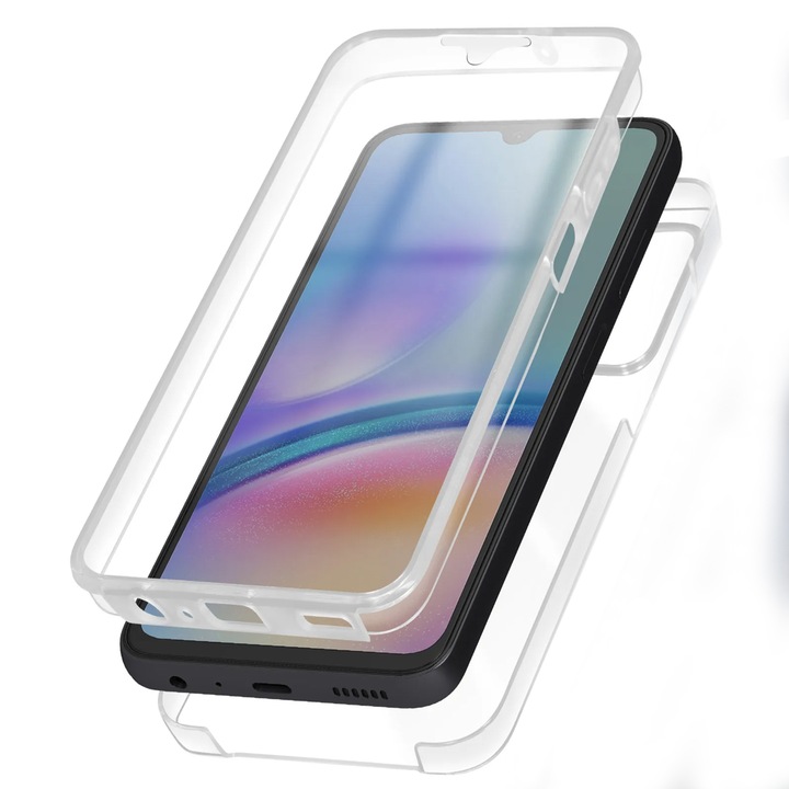 Husa integrala pentru Samsung A15, Full Body, protectie Fata si Spate, din silicon si plastic, Hard Shell 360°, Transparenta