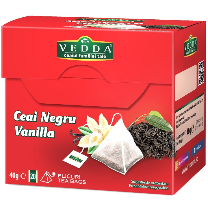 Ceai Negru cu Vanilie frunze intregi nemaruntite, fara aditivi, fara coloranti, 20 piramide, 40g, Vedda