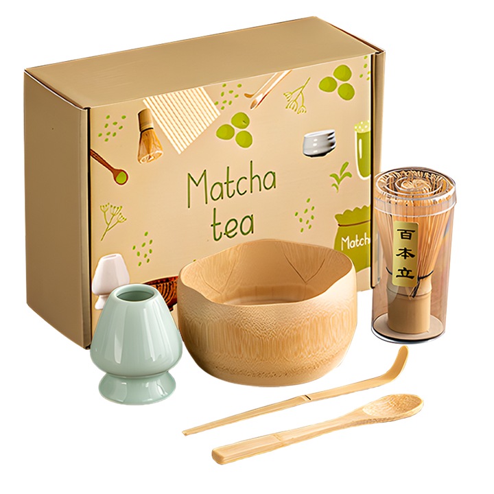 Сервиз за чай Matcha 5 части, XGETOP, купа, бамбукова бъркалка, поставка за керамична бъркалка