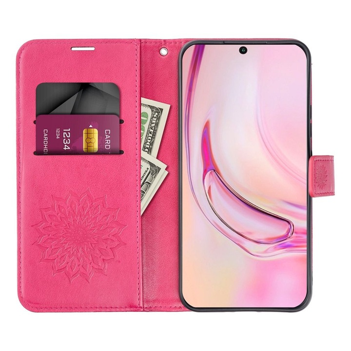 Husa telefon compatibila Xiaomi Redmi 14C / Redmi A4 / Poco C75, husa carte, inchidere magnetica, suport card bancar, model mandala, magenta, Forcell Mezzo