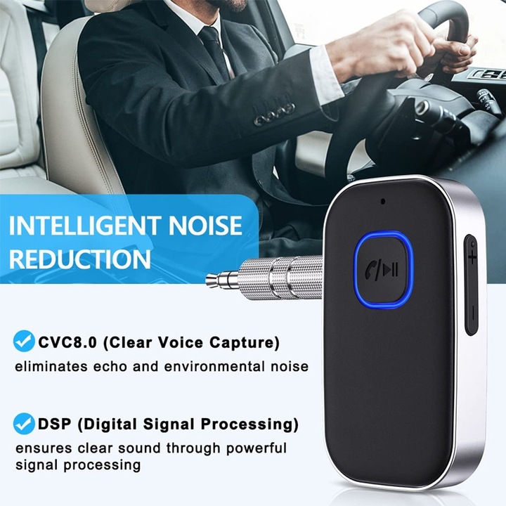 Adaptor bluetooth receiver audio, JESWO®, Bluetooth 5.0, CVC8.0 Anulare zgomot, Jack 3.5mm, Conexiune dubla, pentru Masina, Sistem Audio, Portabil, Negru
