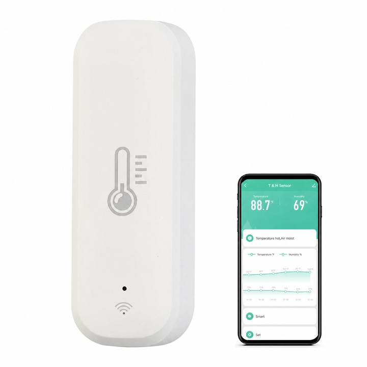 Senzor inteligent de temperatura si umiditate, JESWO®, Compatibil cu Tuya/SmartLife, Wireless, WiFi, Smart Home, Alb