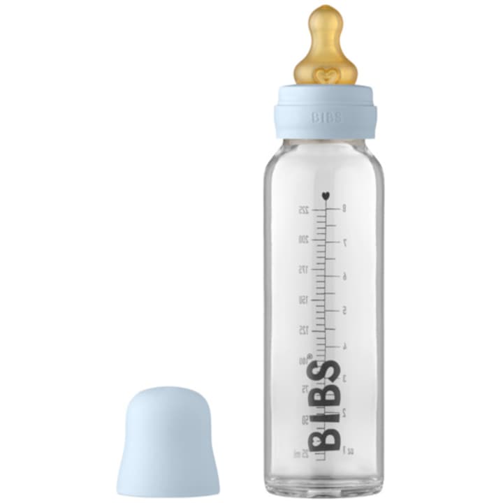 Бебешко шише Bibs, Против колики, Изработено от боросиликатно стъкло, 225 мл, Baby Blue