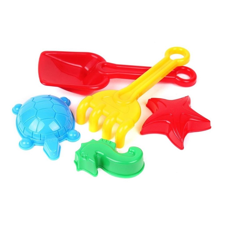 Комплект детски играчки ТехноК, лопатка+гребло и 3 формички за пясък